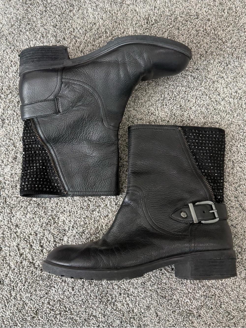 Gianni Bini Black Leather Rhinestones Combat Moto Pull On Boots Women’s US 9M - Picture 3 of 15